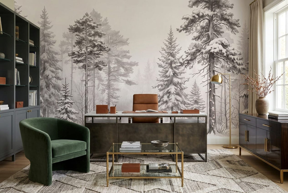 Soft White Pencil Sketch Nordic Pine Tree Wallpaper Mural in removable