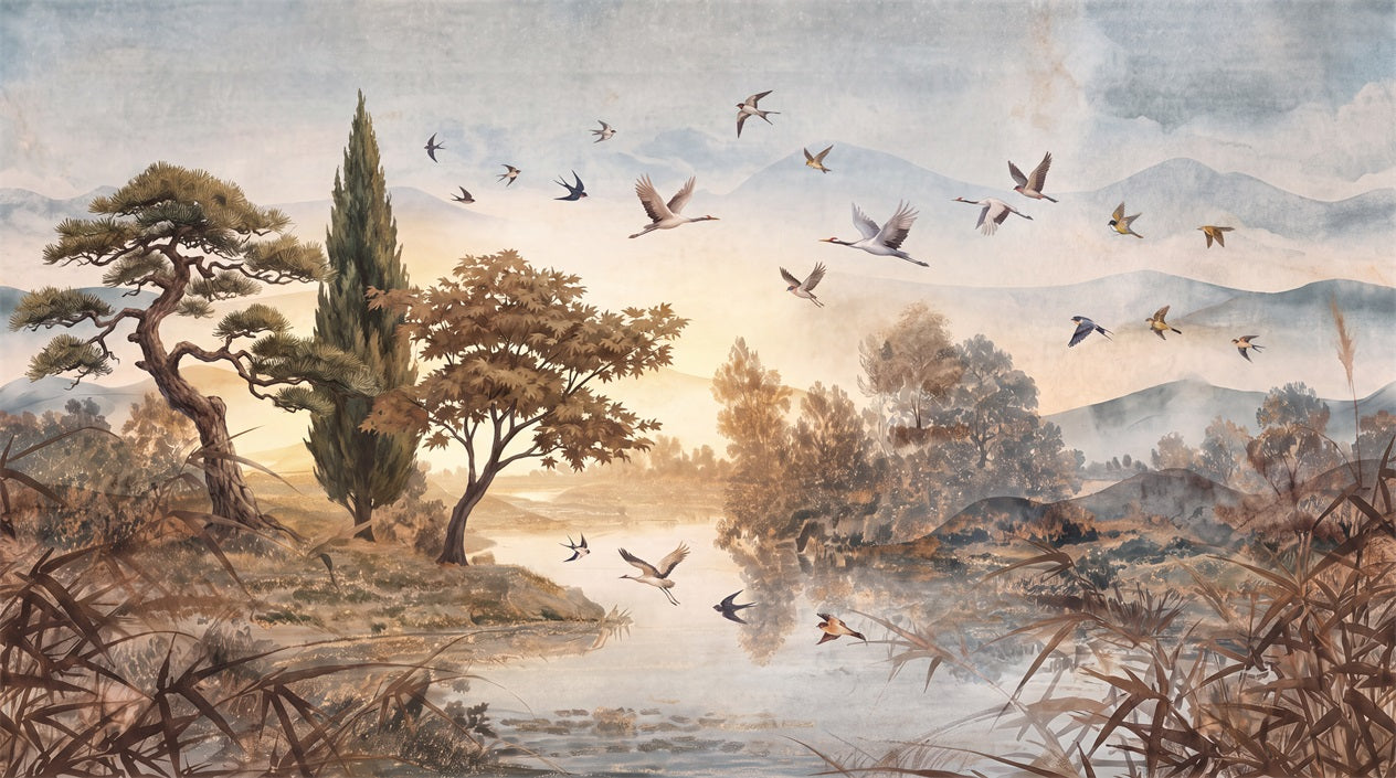 Autumn Bird and Lakeside Landscape Wallpaper Mural