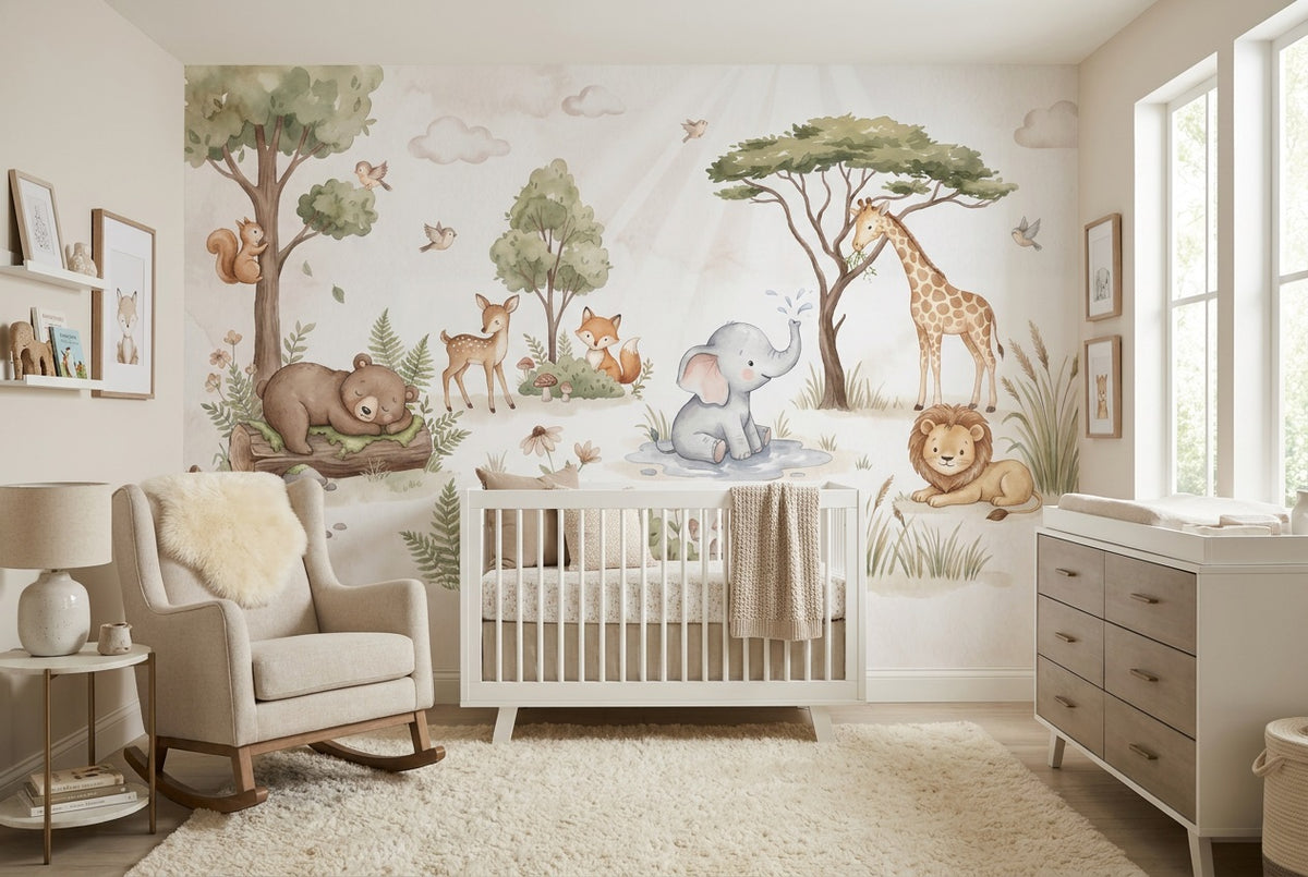 sage baby animals wallpaper mural custom stick on nursery removable non woven vinyl