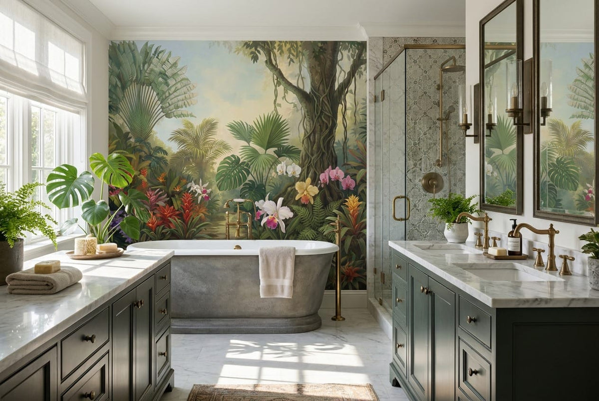 Sage Green Botanical Tropical Rainforest Wallpaper Mural scene image
