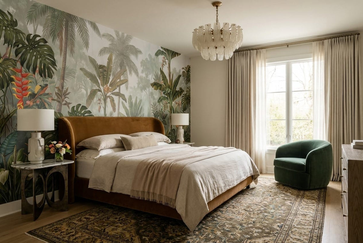 Sage Green Botanical Tropical Rainforest Wallpaper Mural scene image