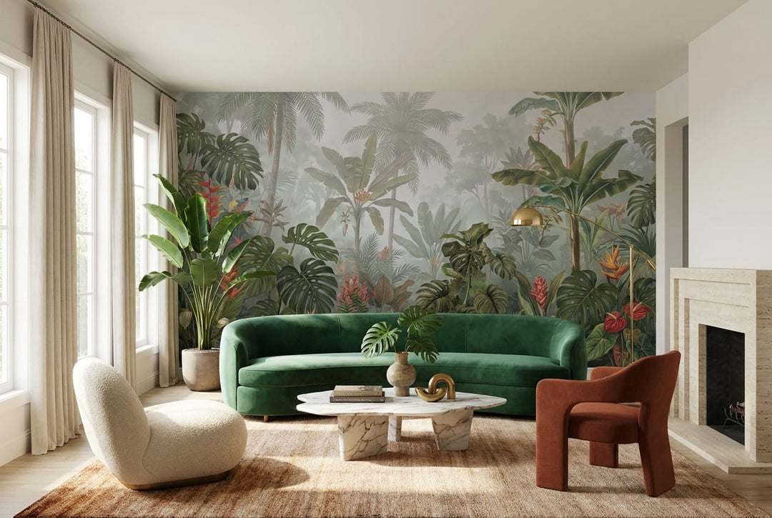 Sage Green Botanical Tropical Rainforest Wallpaper Mural scene image