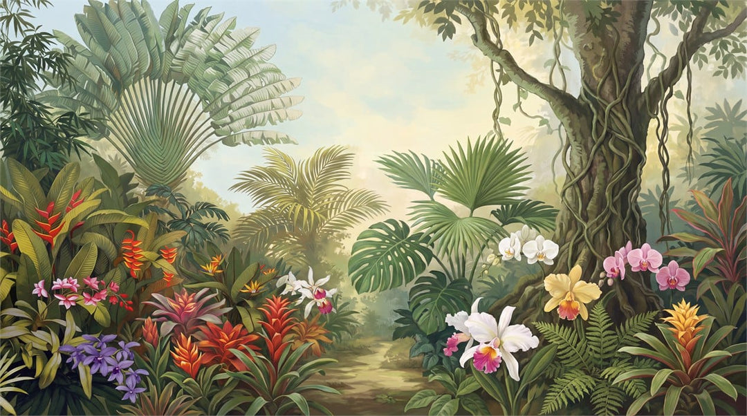 Sage Green Botanical Tropical Rainforest Wallpaper Mural scene image