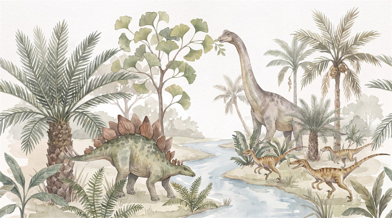 Green Watercolour Dinosaur River Wallpaper Mural