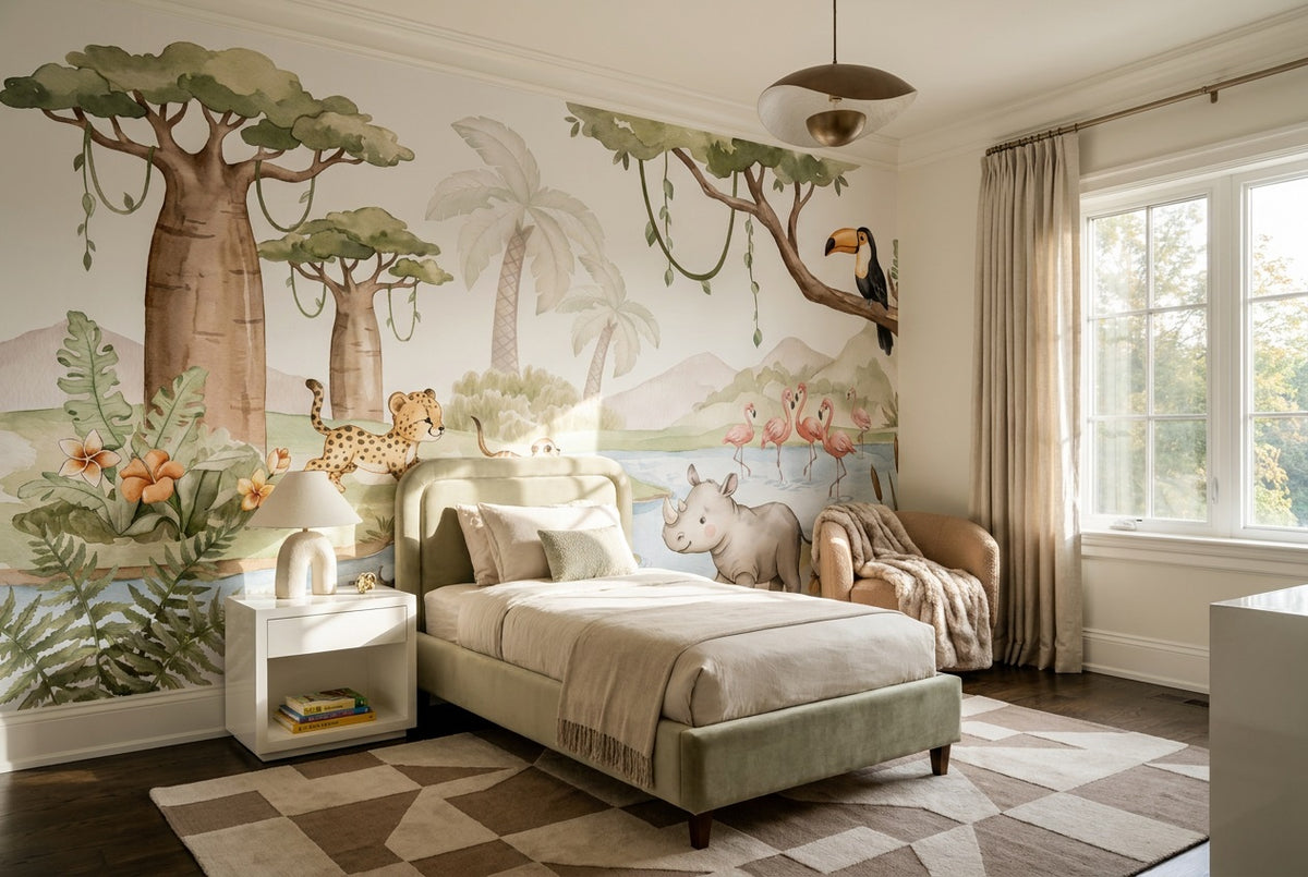 sage hippo toucan kids custom self adhesive non woven vinyl removable wallpaper mural
