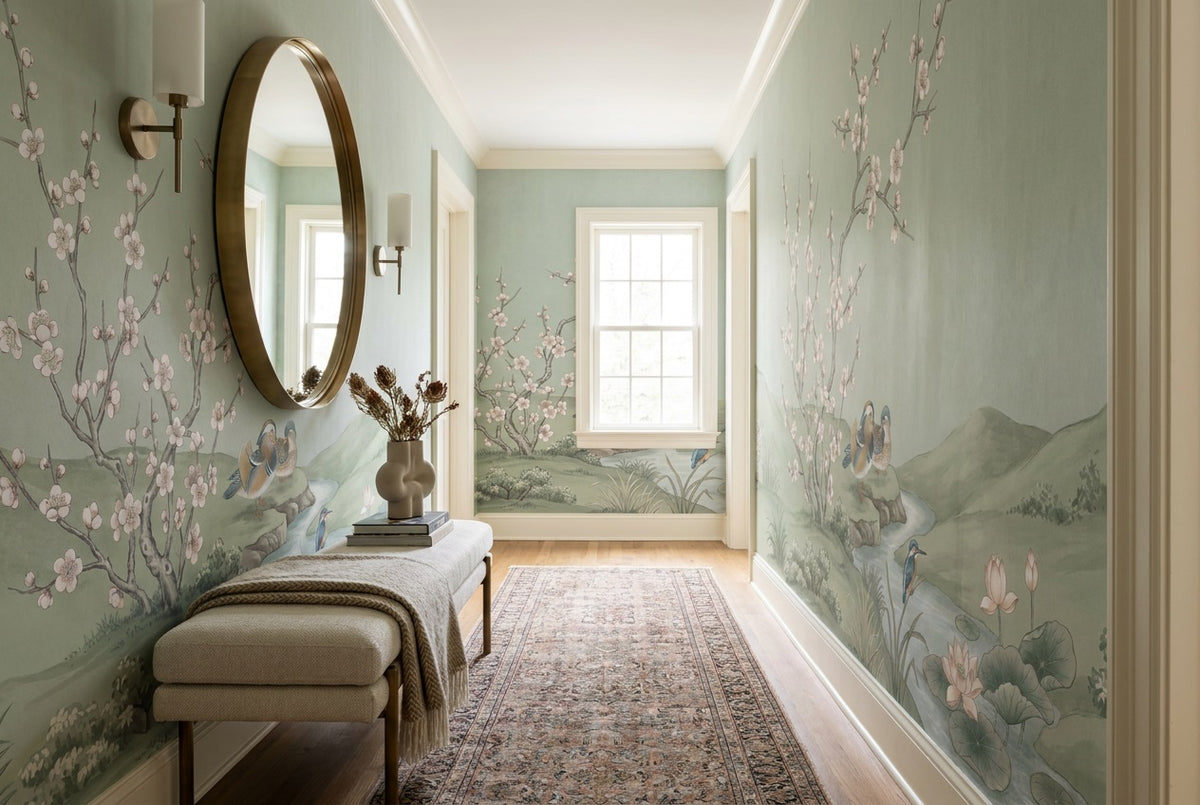 sage lotus hallway custom peel and stick non woven vinyl removable wallpaper mural