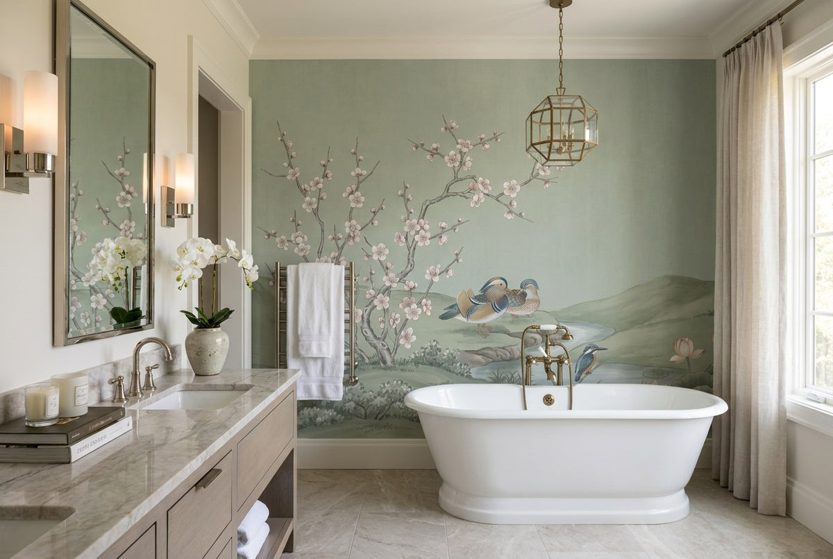 sage lotus wallpaper mural custom peel and stick bathroom removable non woven vinyl