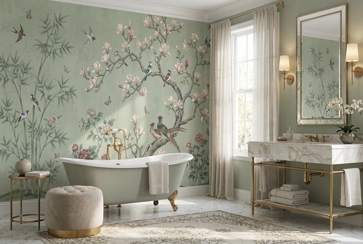 sage magnolia birds wallpaper mural custom stick on bathroom removable non woven vinyl