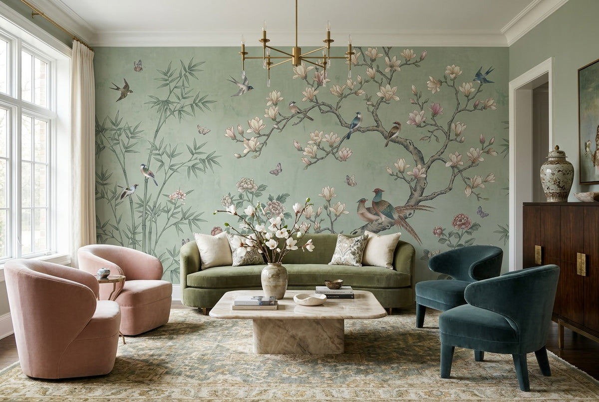 sage magnolia lounge custom peel and stick non woven vinyl removable wallpaper mural