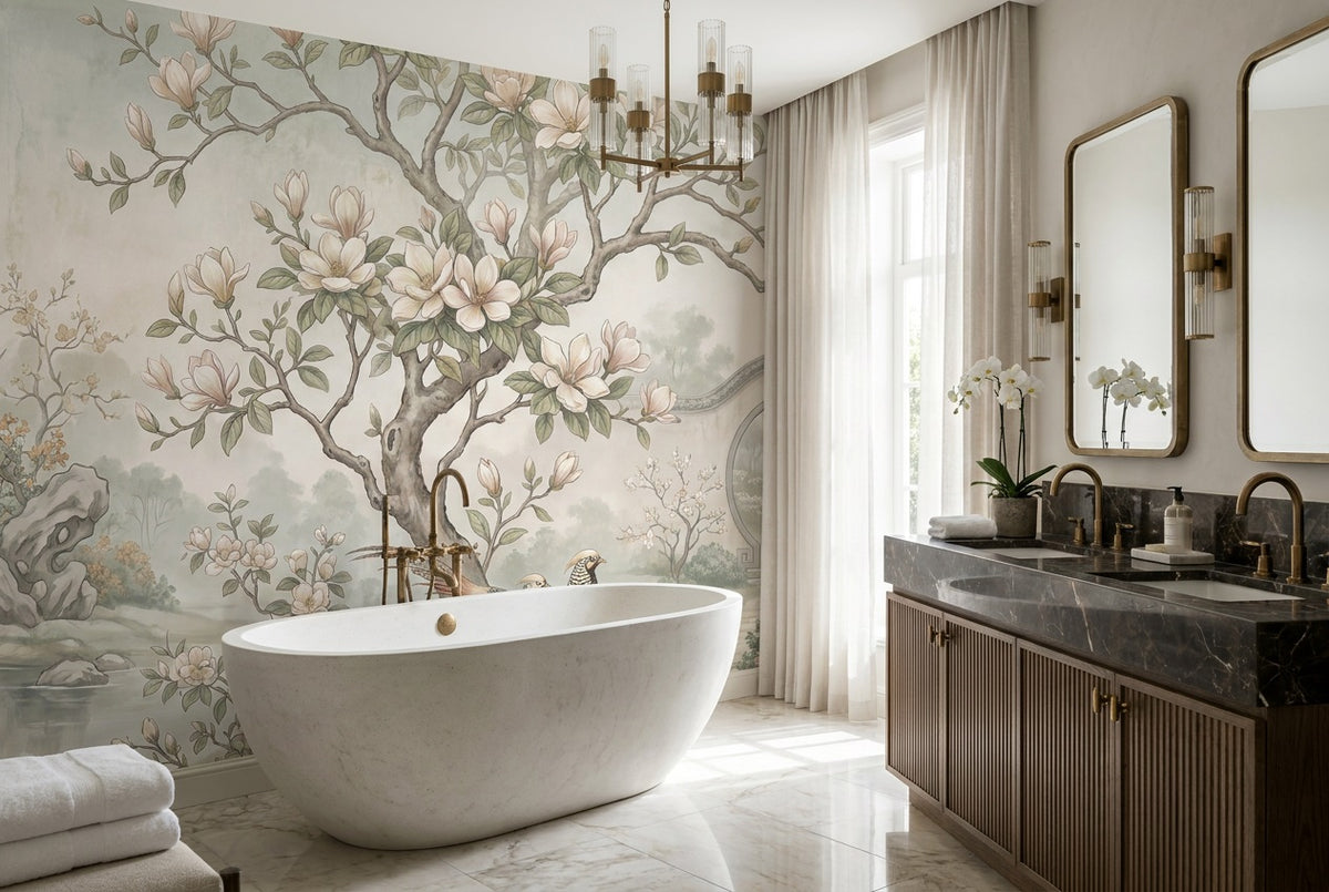 sage magnolia wallpaper mural custom peel and stick bathroom removable non woven vinyl