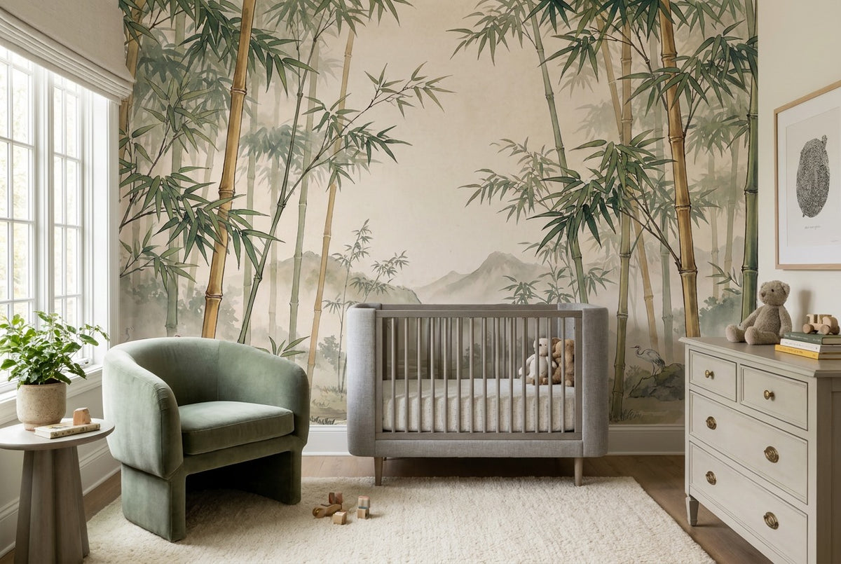 sage nursery bamboo forest wallpaper mural custom stick on non woven vinyl removable