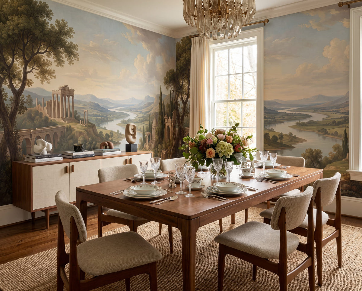 Classical River Valley Ruins Landscape Wallpaper Mural