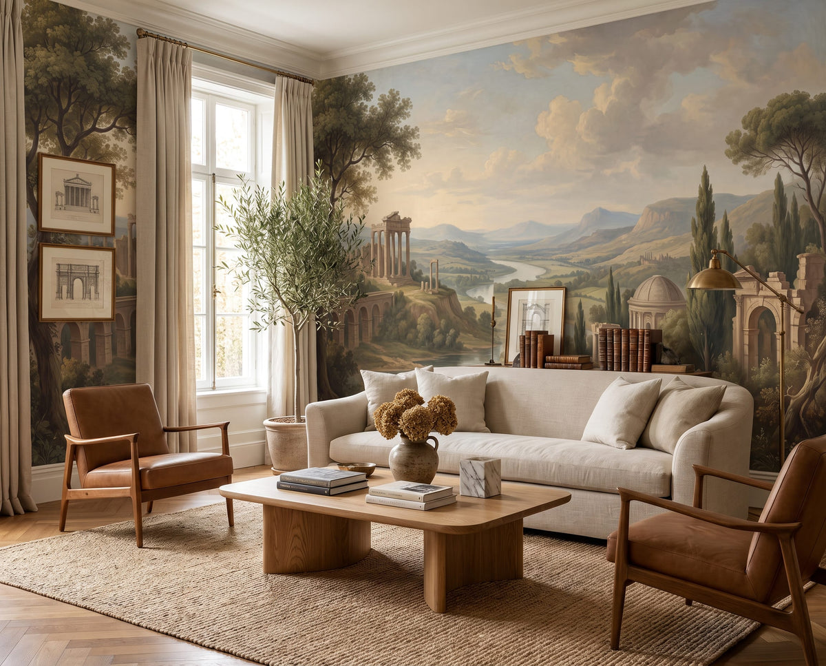 Classical River Valley Ruins Landscape Wallpaper Mural