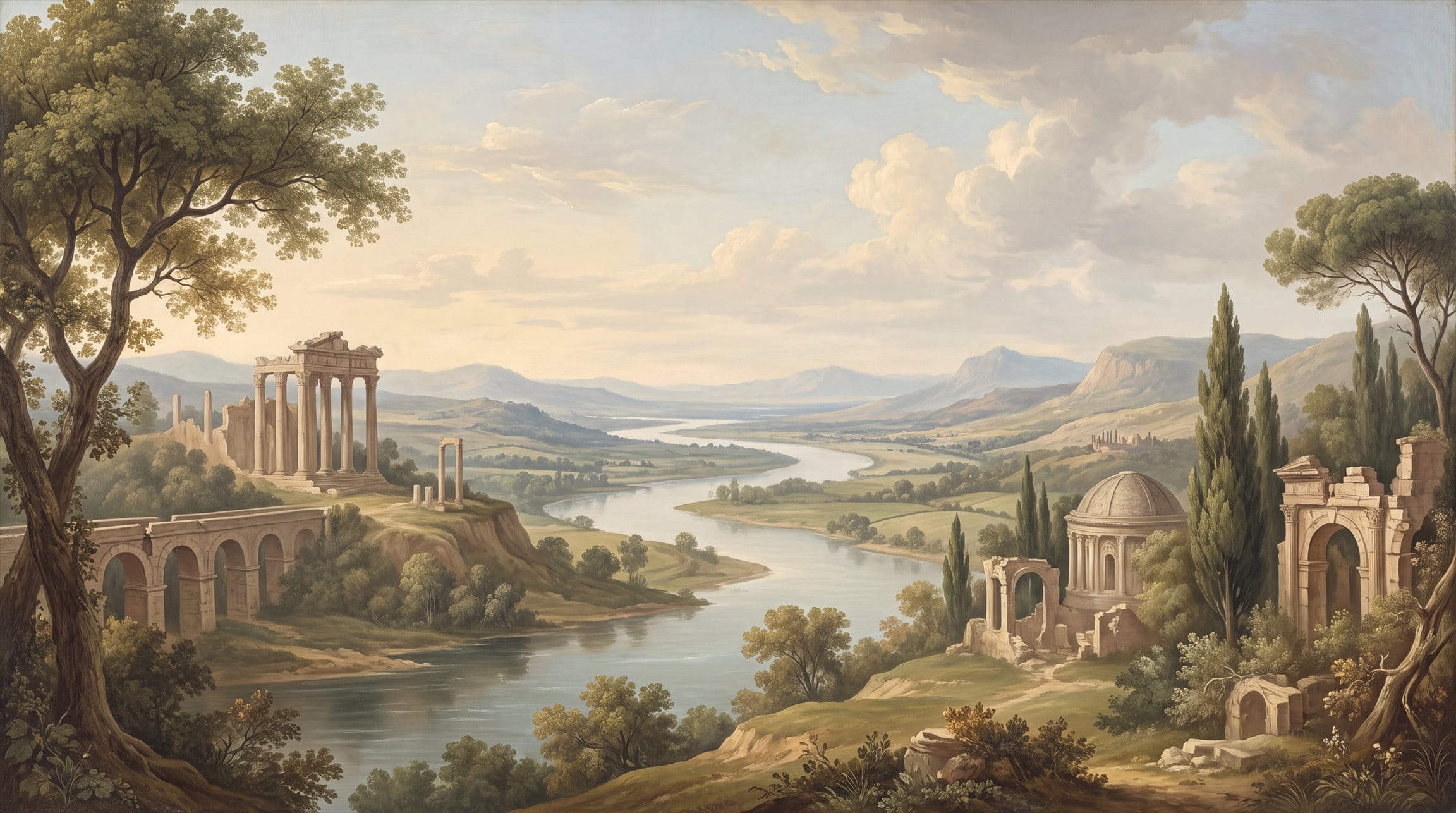 Classical River Valley Ruins Landscape Wallpaper Mural