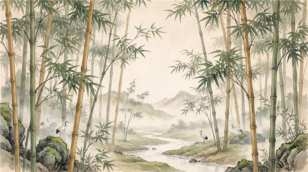 Sage Chinese Landscape Bamboo Forest Wallpaper Mural