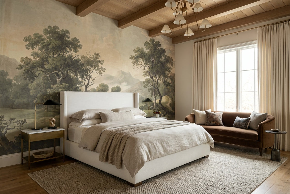 sage scenic trees bedroom custom stick on non woven vinyl removable wallpaper mural
