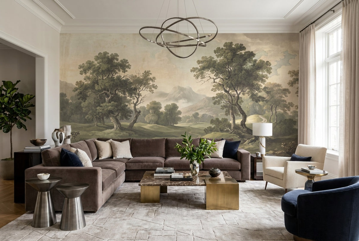 sage scenic trees lounge custom stick on non woven vinyl removable wallpaper mural