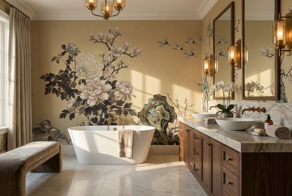 sand peony birds bathroom custom stick on non woven vinyl removable wallpaper mural