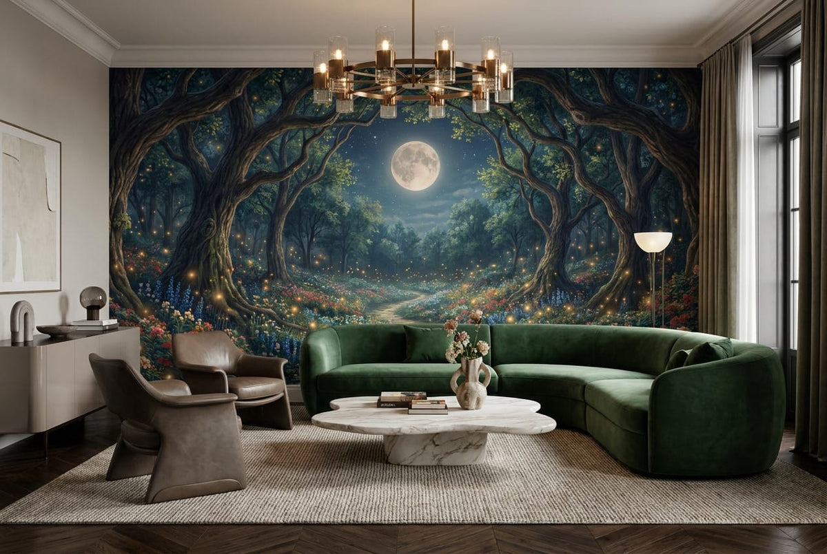 Sea Blue Firefly Nordic Night Forest Wallpaper Mural in sea