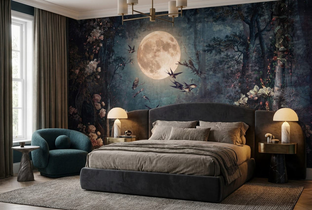 Black Sea Serene Nordic Night Forest Wallpaper Mural in sea