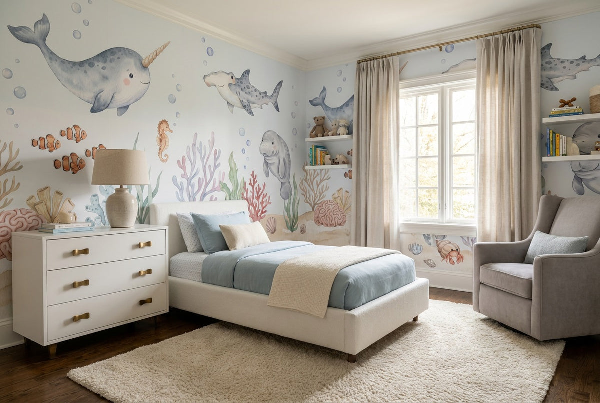 self adhesive custom blue narwhal reef kids wallpaper mural removable non woven vinyl
