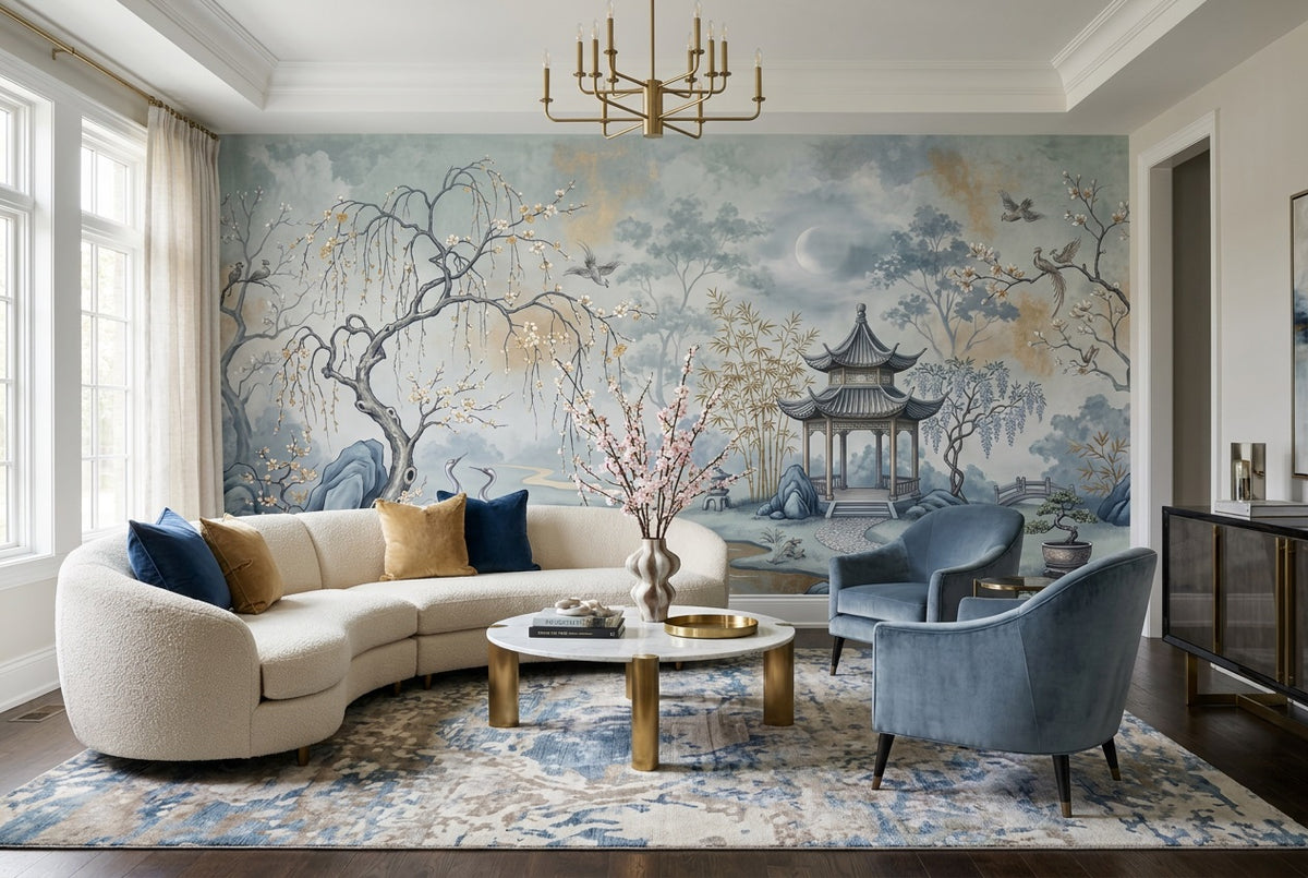 self adhesive custom blue pavilion lounge wallpaper mural removable non woven vinyl