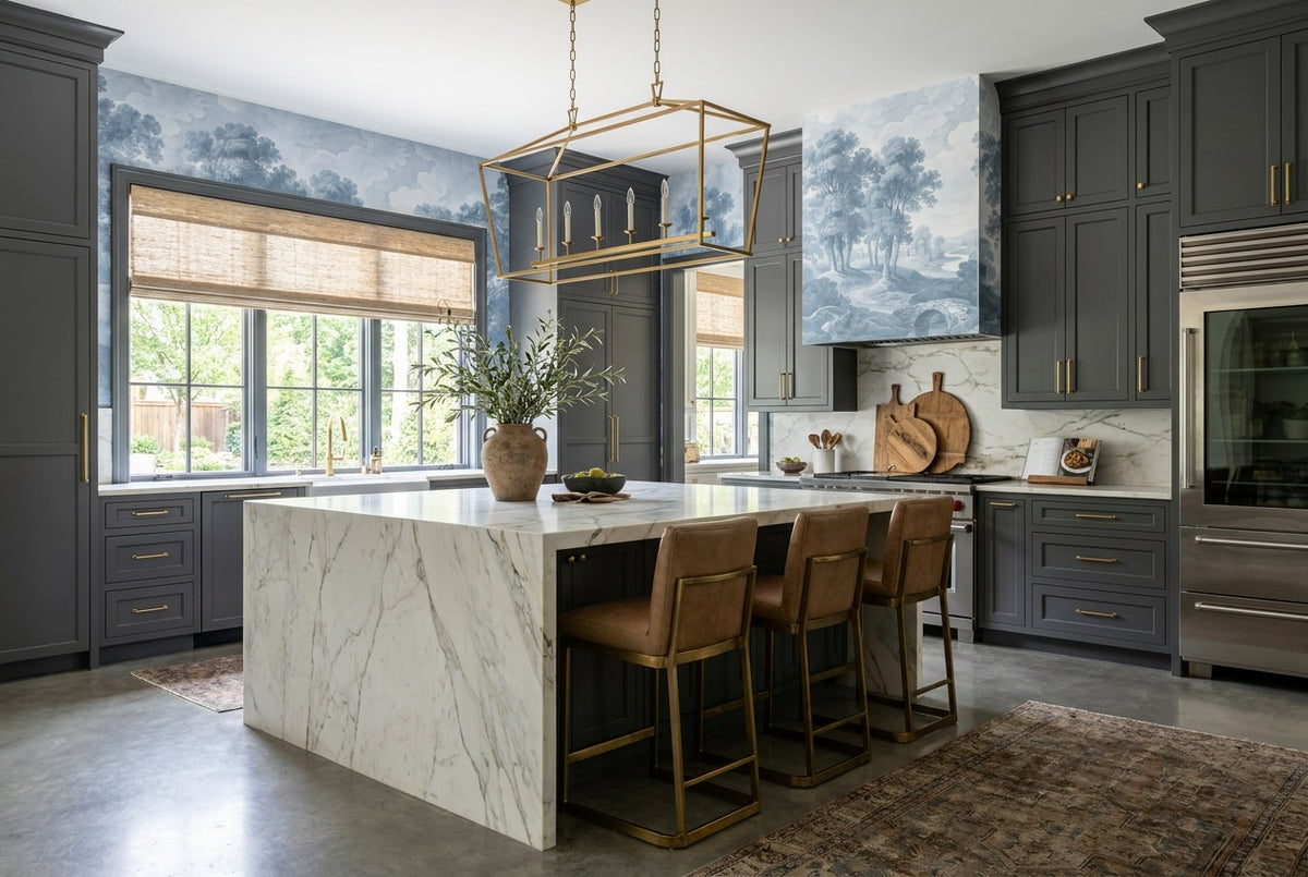 self adhesive custom blue toile kitchen wallpaper mural removable non woven vinyl