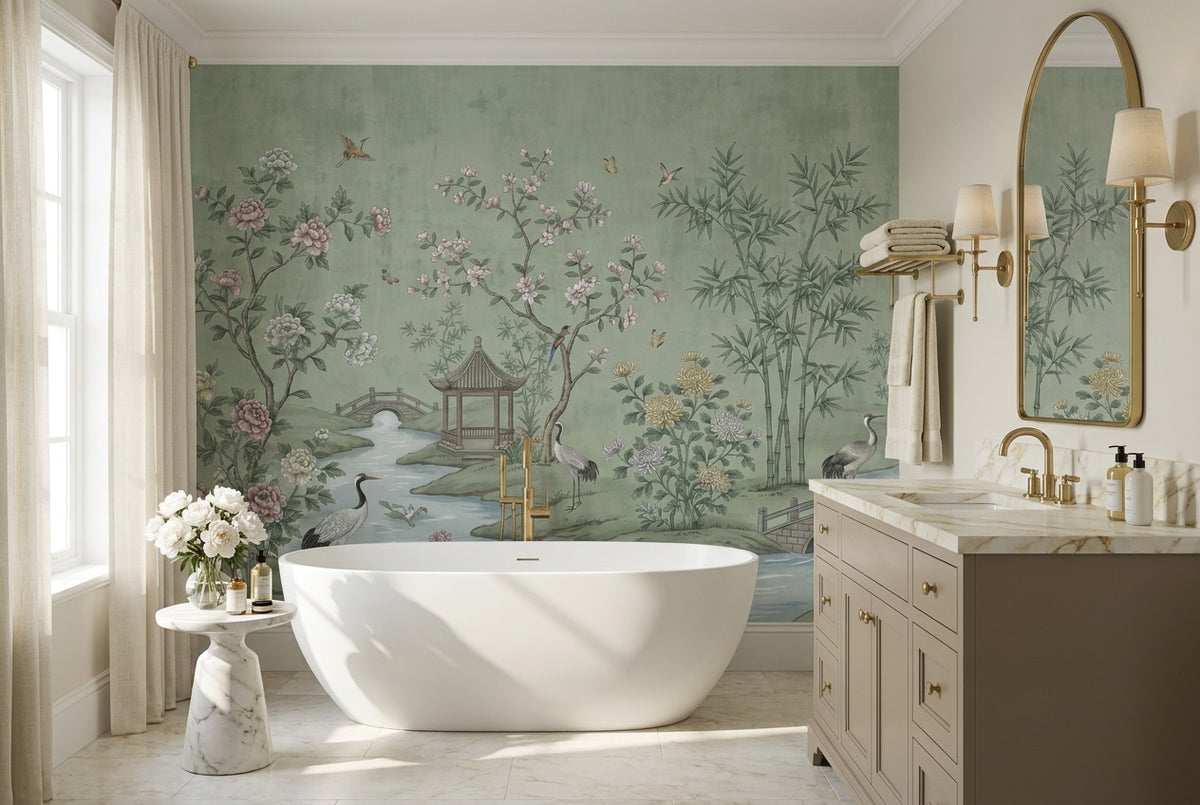 self adhesive custom green pavilion bathroom wallpaper mural removable non woven vinyl