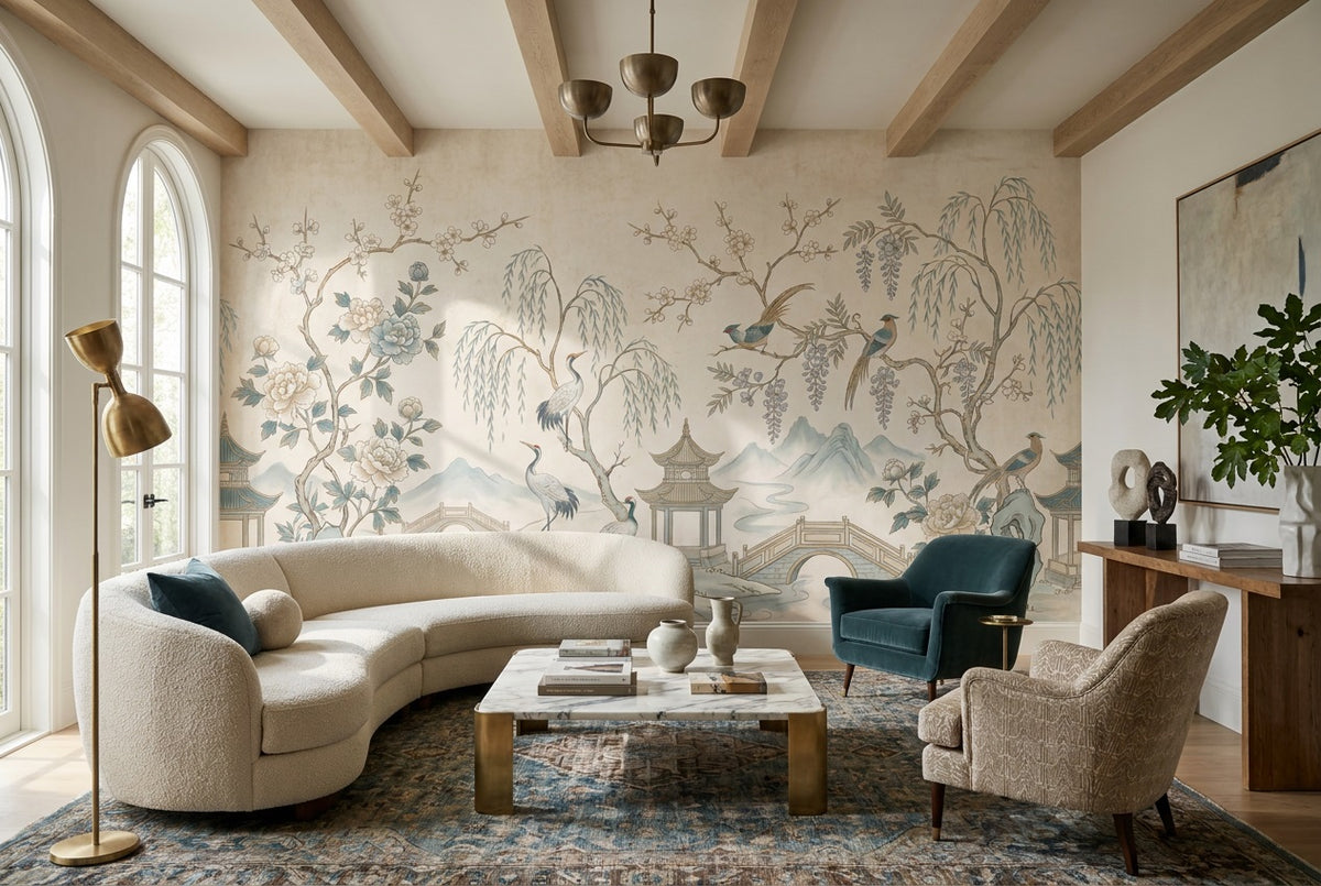 self adhesive custom ivory cranes lounge wallpaper mural removable non woven vinyl
