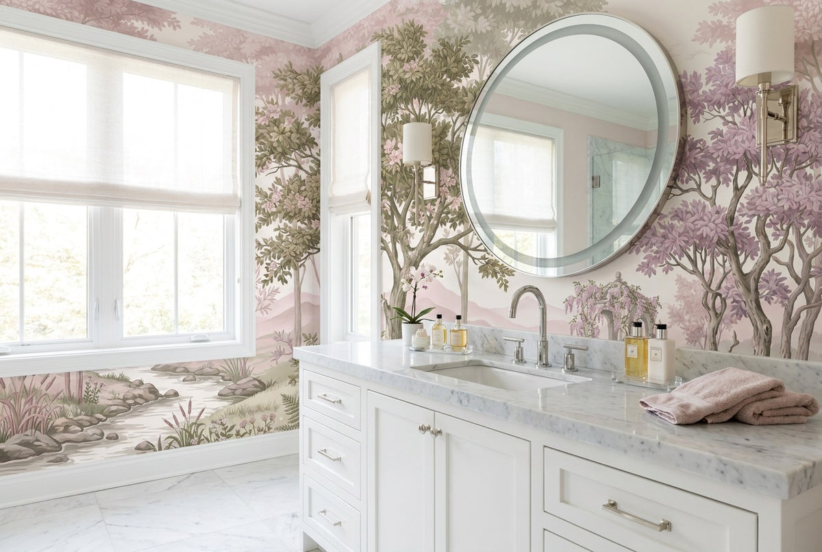 self adhesive custom pink forest bathroom wallpaper mural removable non woven vinyl