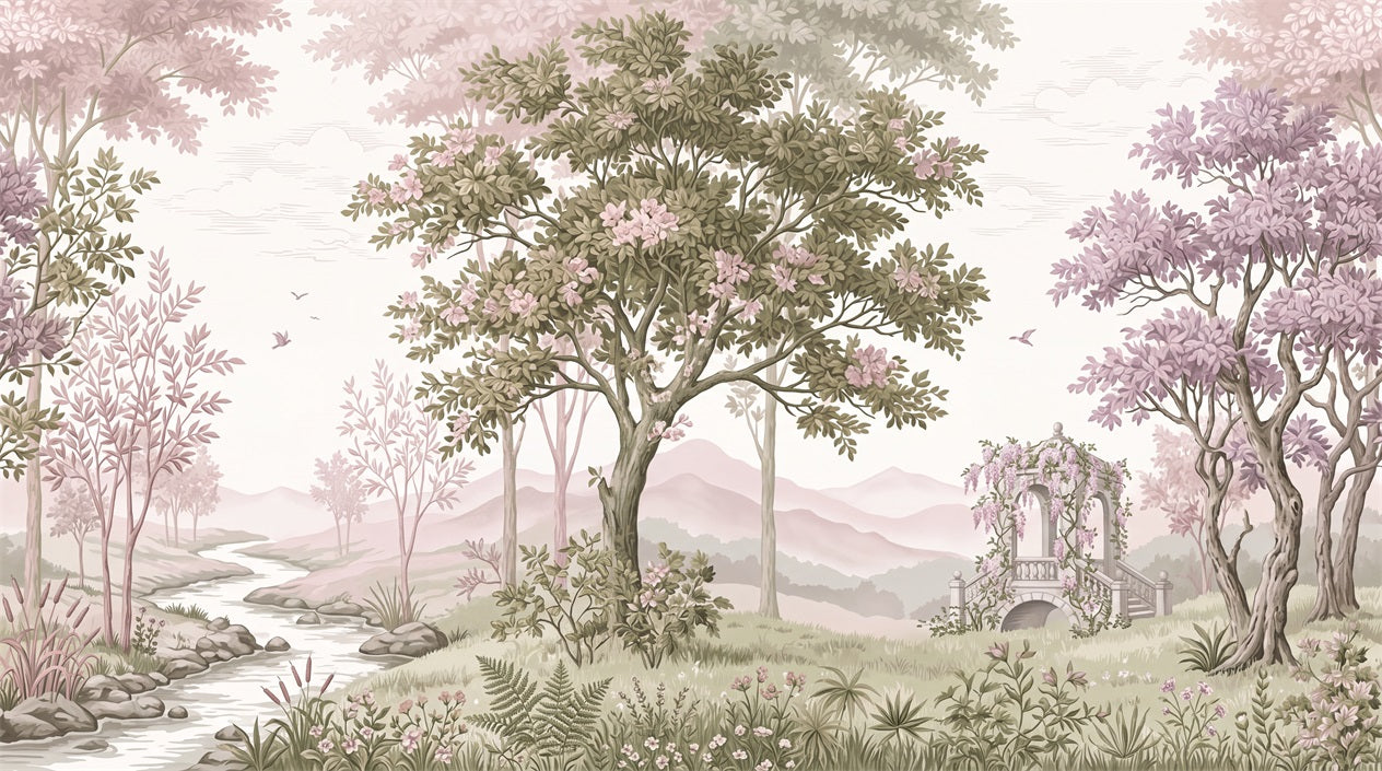 Pink Woodland Clearing and River Wallpaper Mural