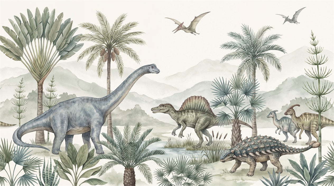 Blue Green Dinosaur Palms Wallpaper Mural