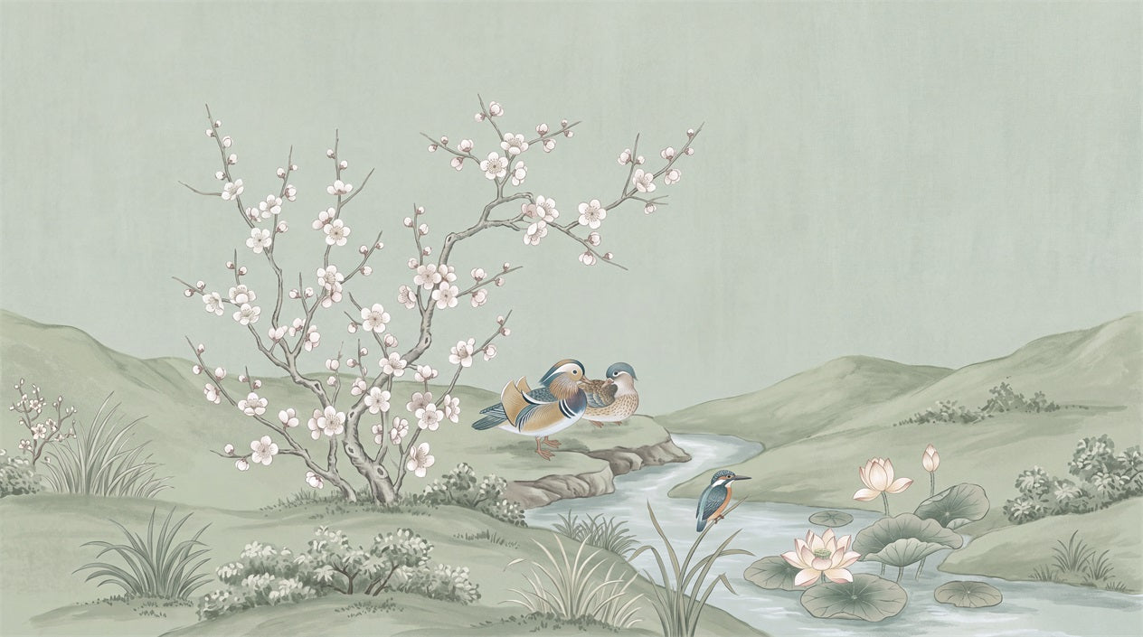 Sage Blossom And Waterbird Meadow Wallpaper Mural