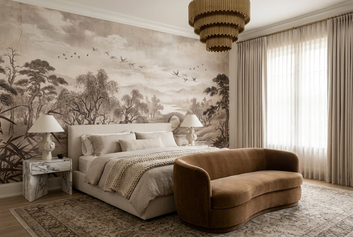 self adhesive custom taupe landscape bedroom wallpaper mural removable non woven vinyl