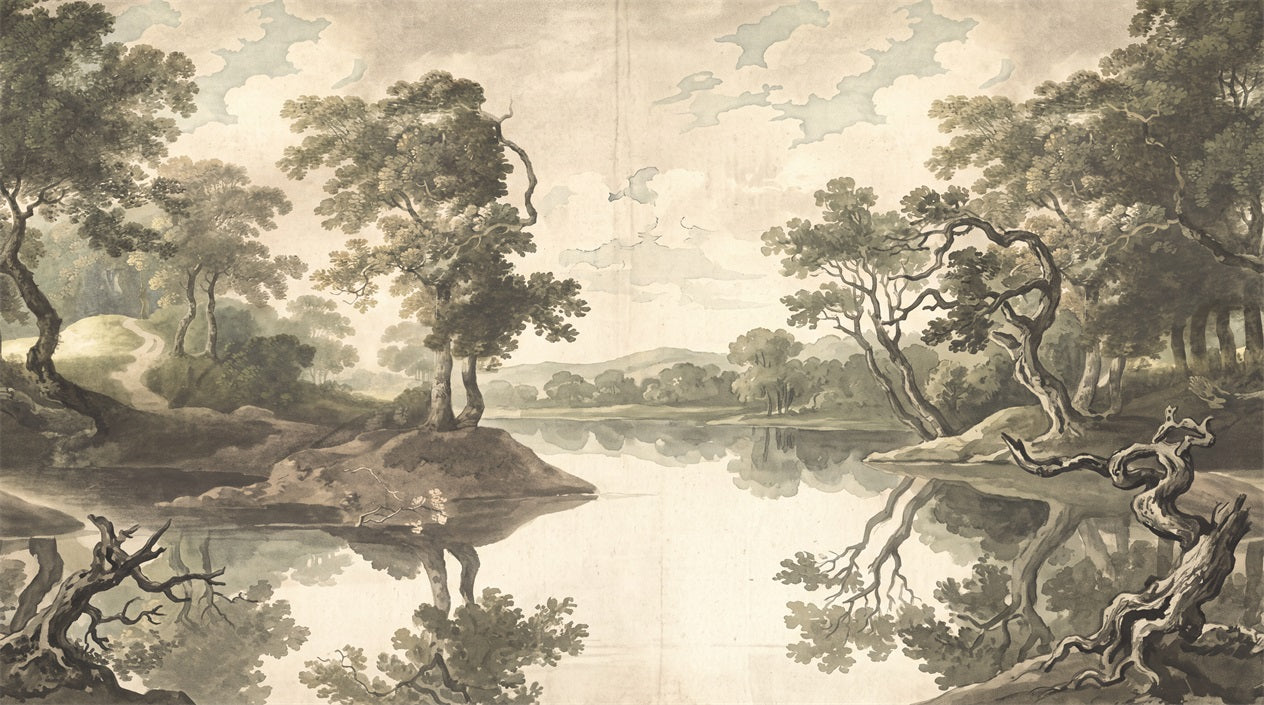 Olive Forest Lake Reflections Wallpaper Mural