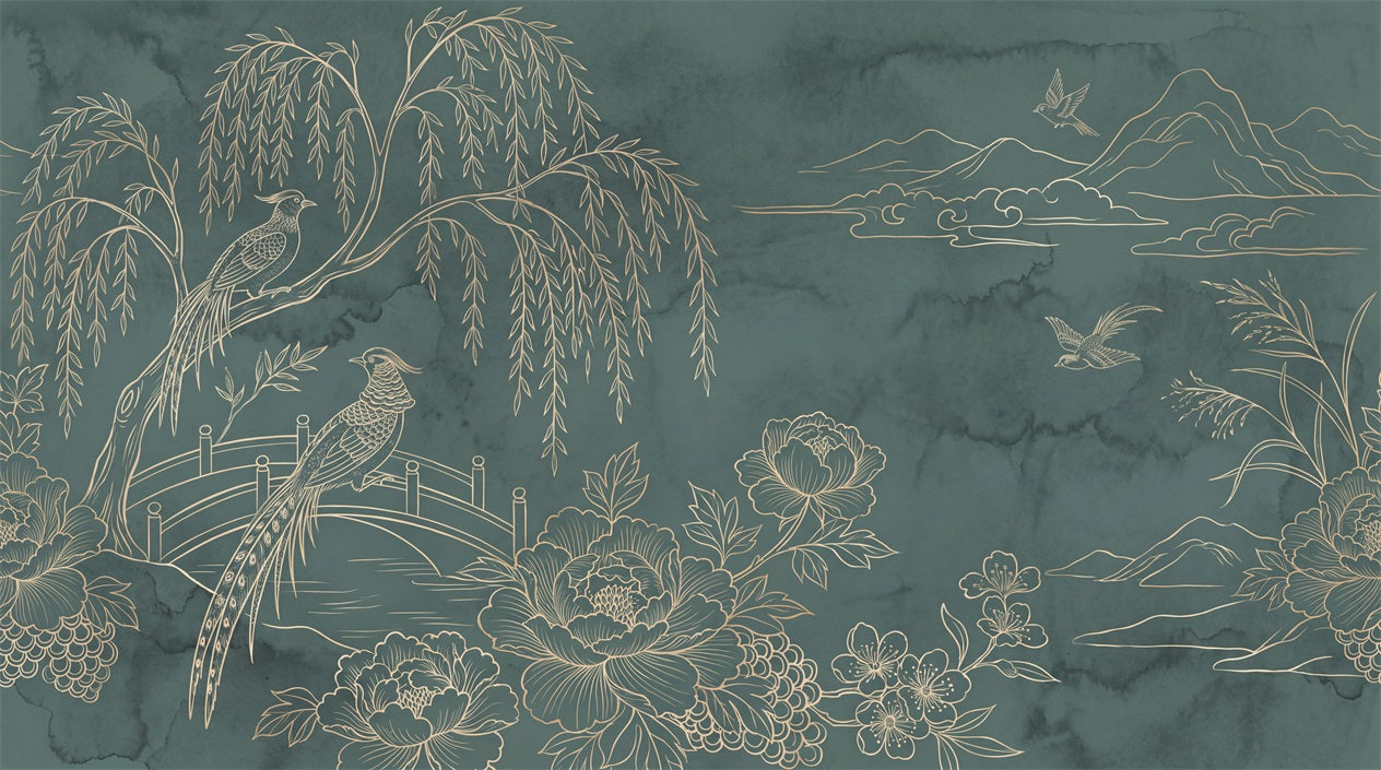 Deep Teal Willow Linework Wallpaper Mural