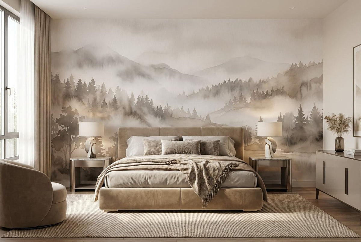 Sepia Watercolor Nordic Misty Forest Wallpaper Mural scene image