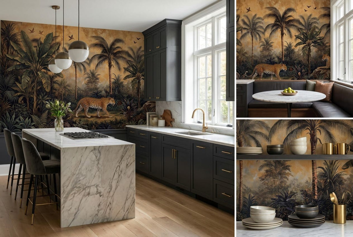 Sepia Leopard Palm Jungle Wallpaper Mural in sepia