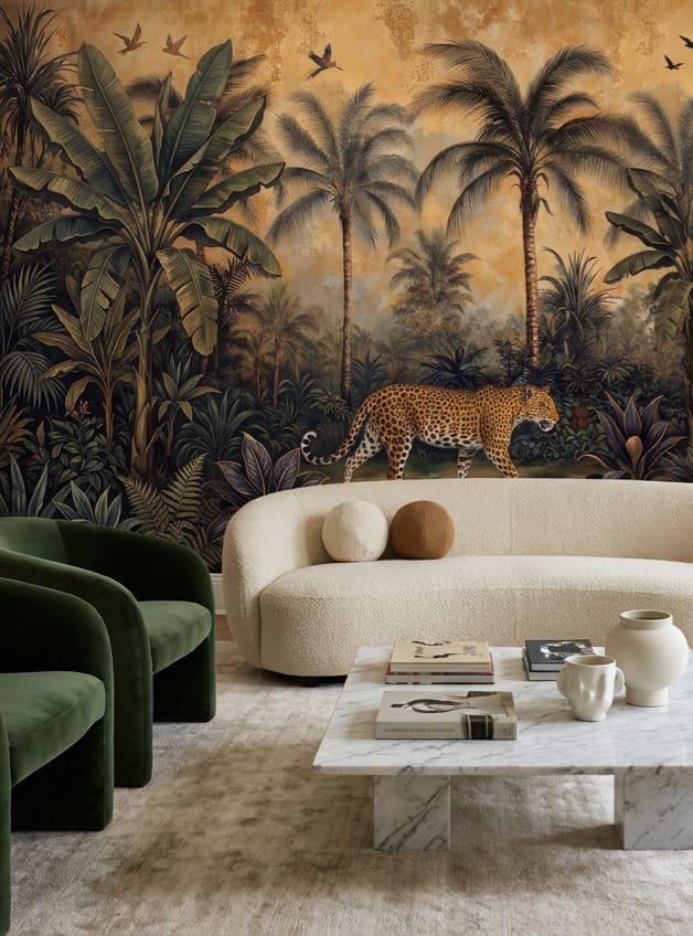 Sepia Leopard Palm Jungle Wallpaper Mural in sepia