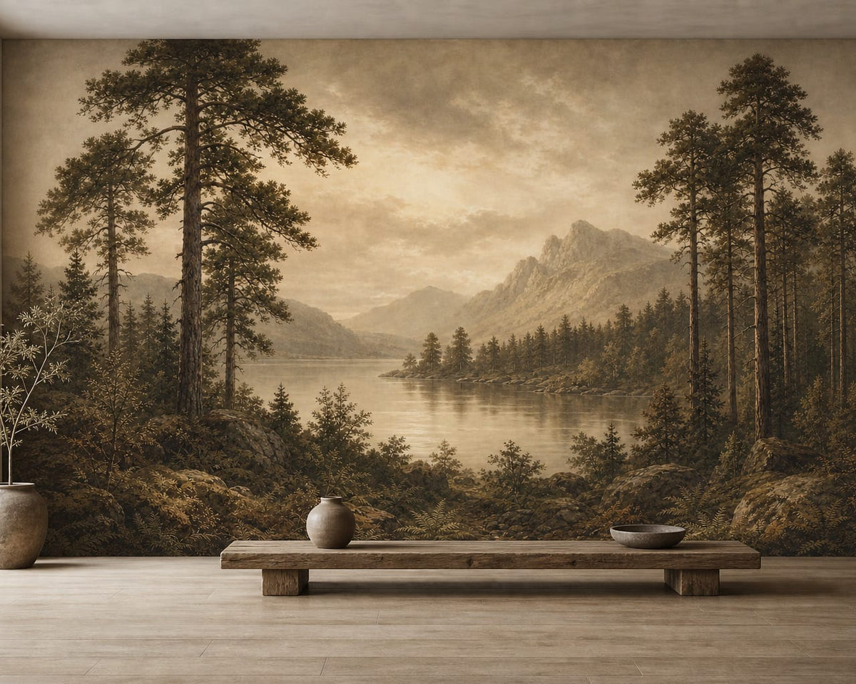 Sepia Pine Lake Wallpaper Mural product view