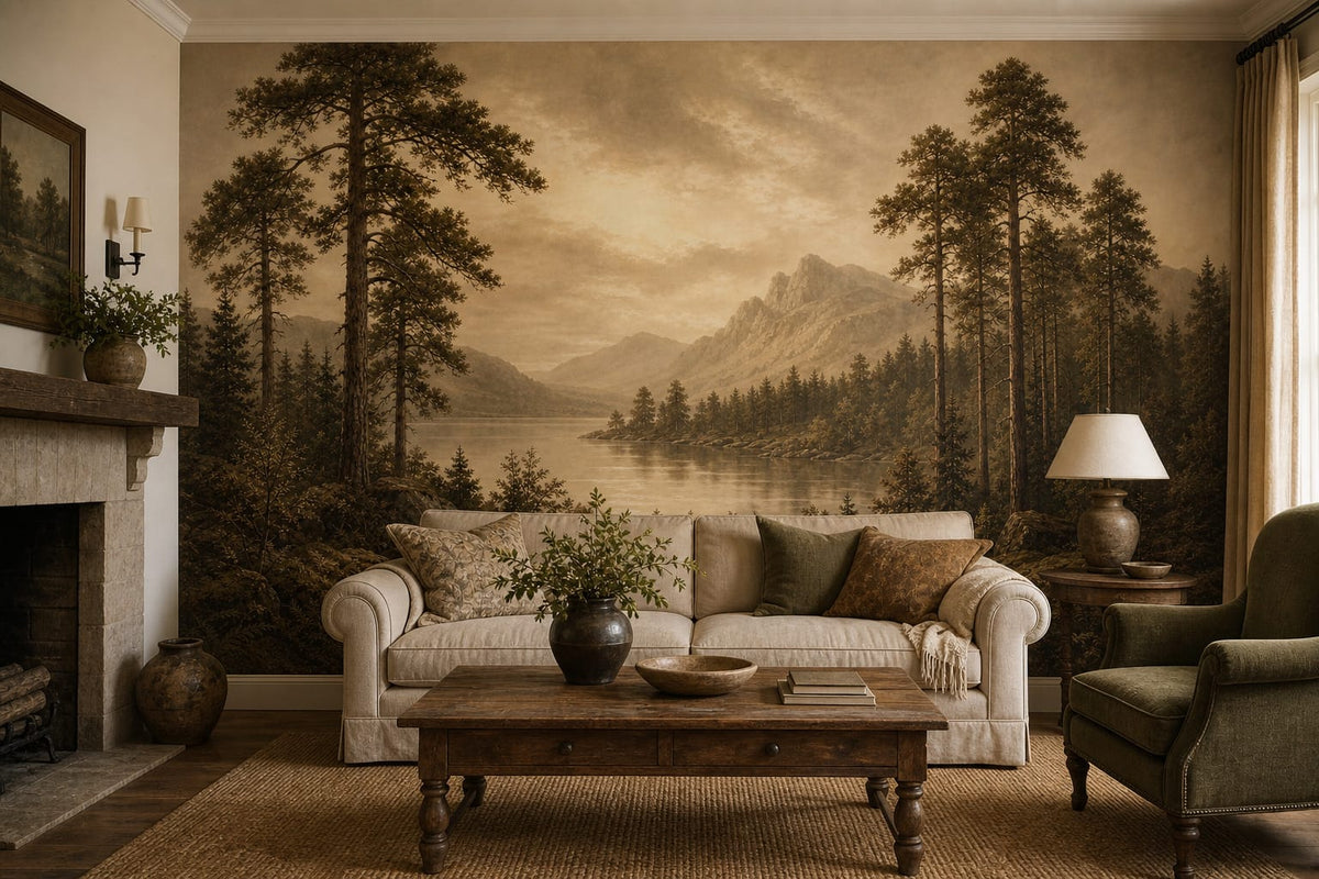 Sepia Pine Lake Wallpaper Mural product view