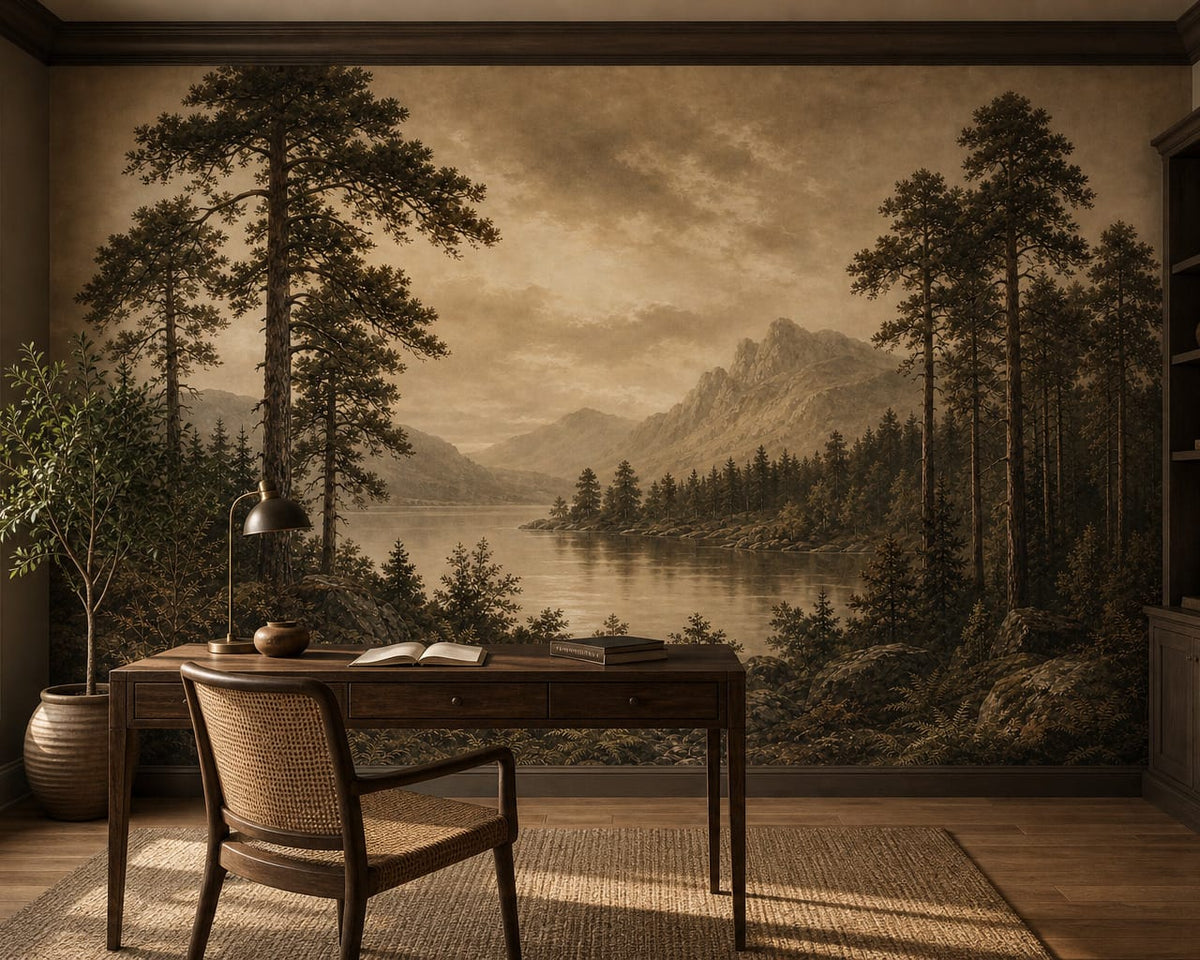 Sepia Pine Lake Wallpaper Mural product view