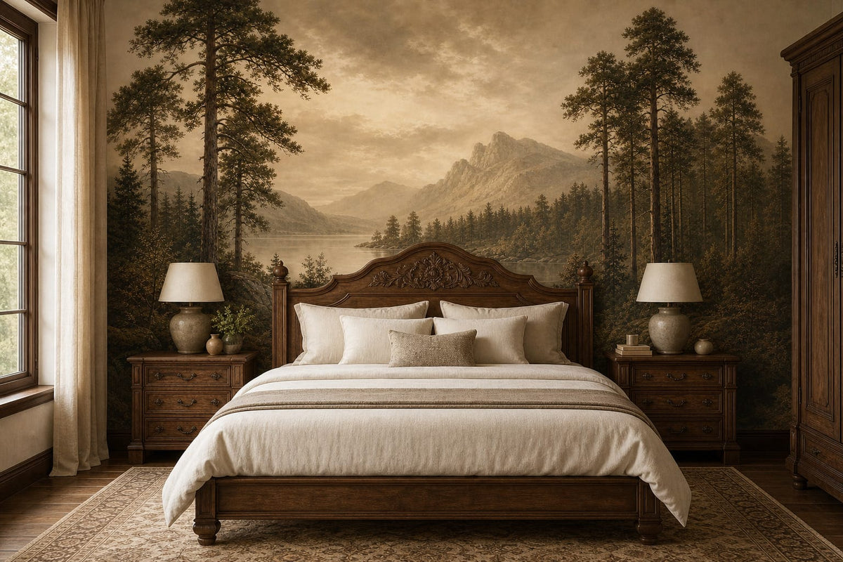 Sepia Pine Lake Wallpaper Mural product view