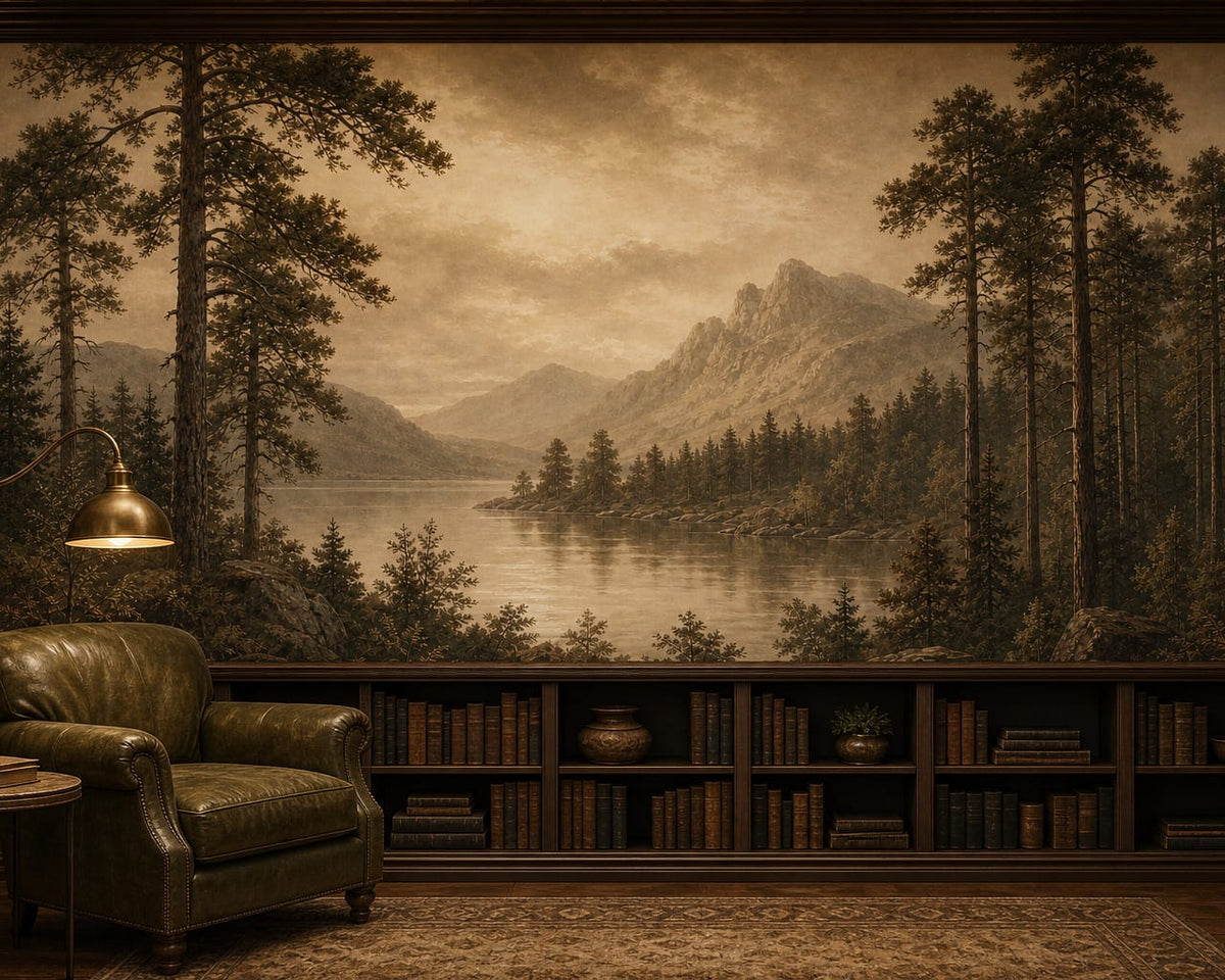 Sepia Pine Lake Wallpaper Mural product view