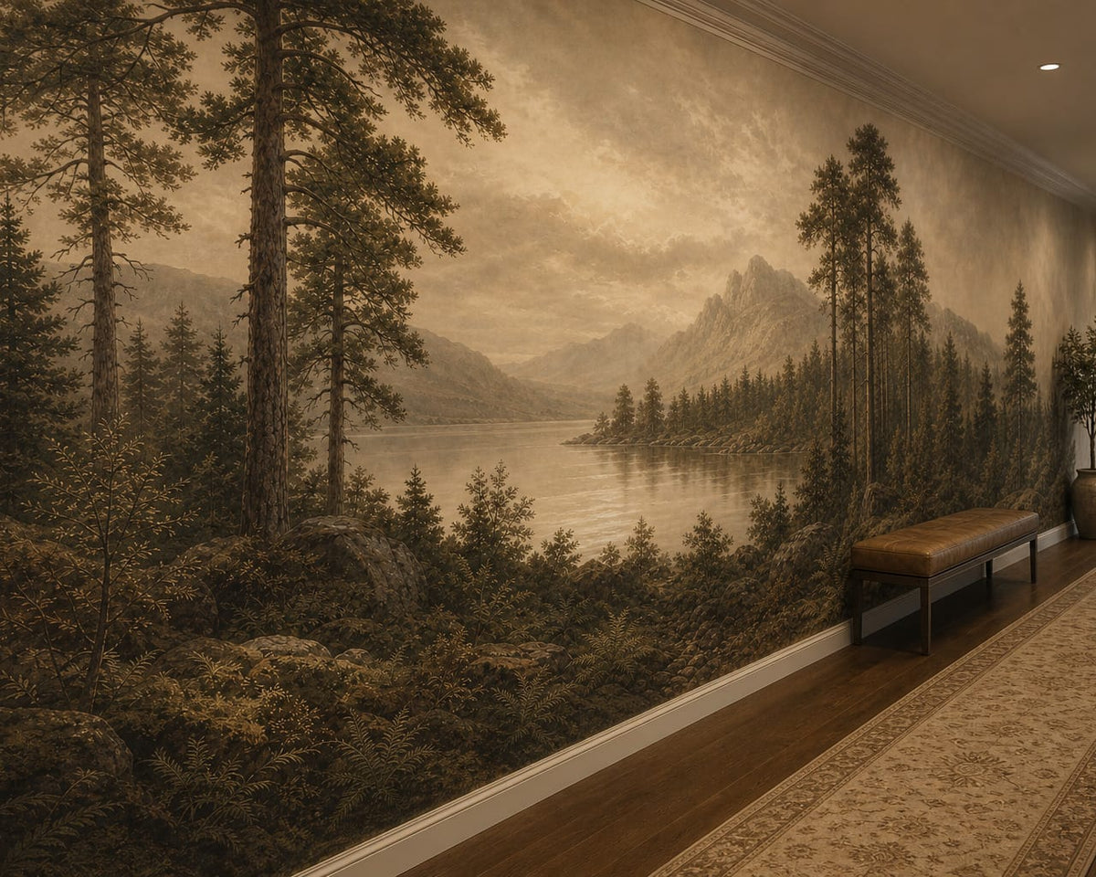 Sepia Pine Lake Wallpaper Mural product view