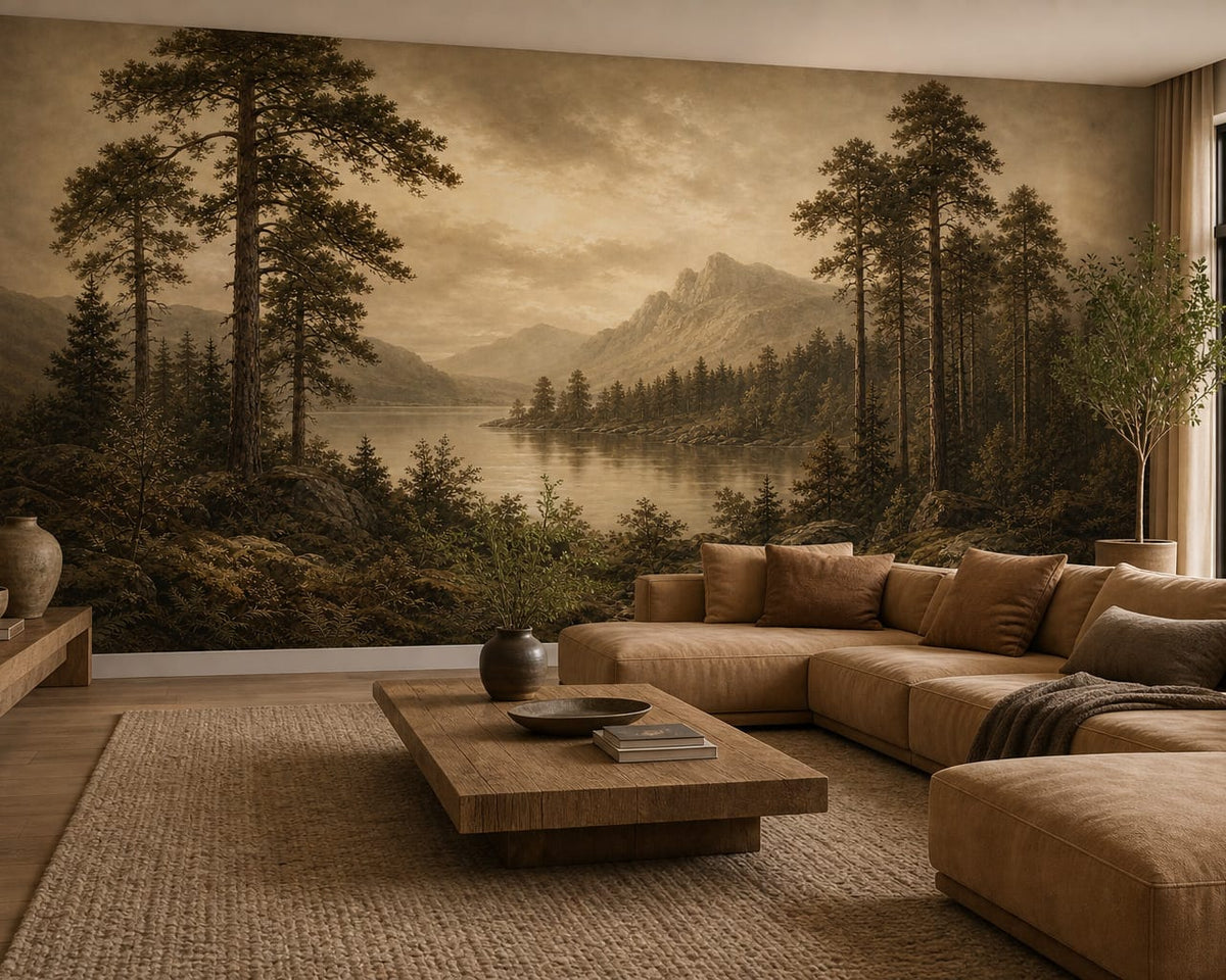 Sepia Pine Lake Wallpaper Mural product view