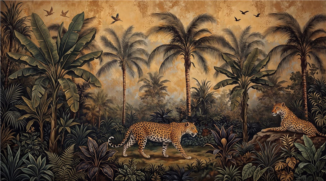 Sepia Leopard Palm Jungle Wallpaper Mural in sepia