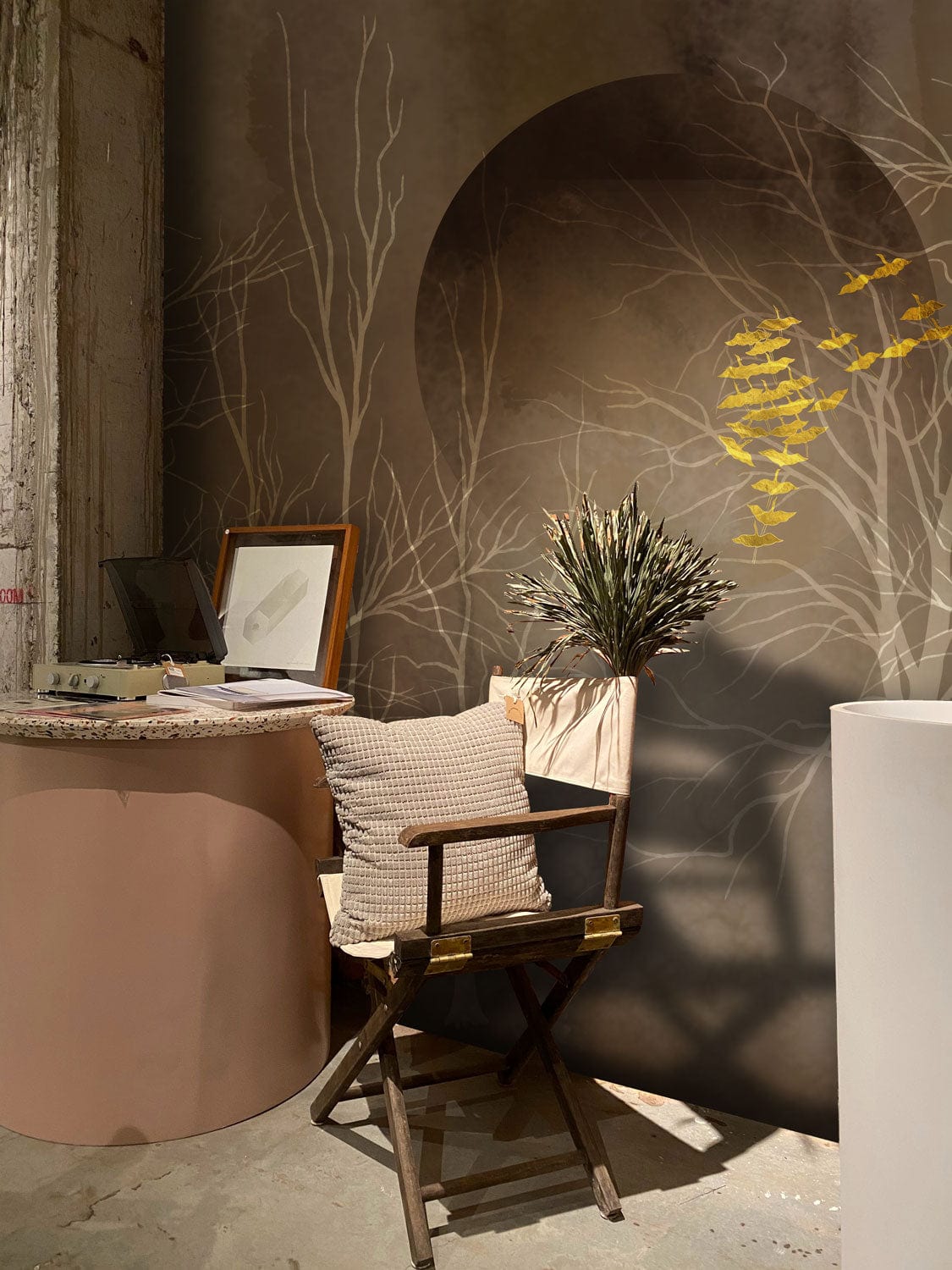 Golden Autumn Forest mural wallpaper; earthy tones; elegant design; rustic furniture; contemporary decor.