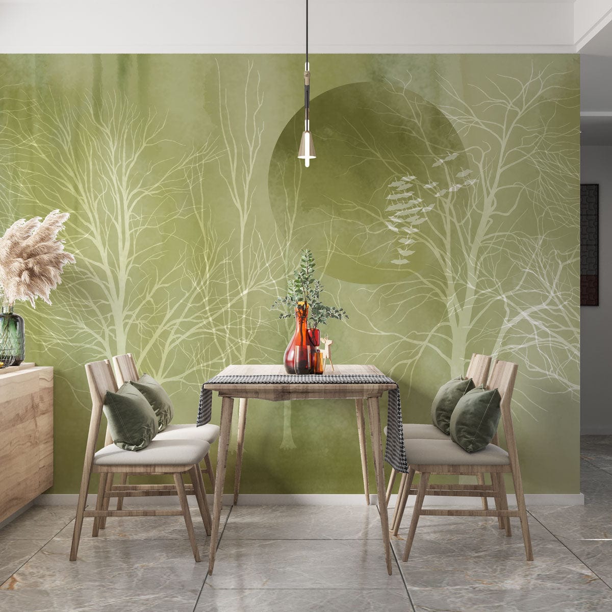 Enchanting Green Forest Mist mural wallpaper with ethereal trees in dining room, wooden chairs, stone flooring.