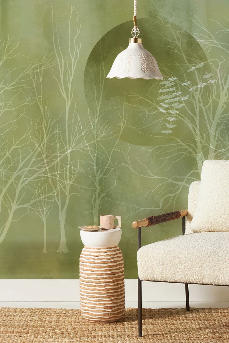 Enchanting Green Forest Mist Mural Wallpaper with Ethereal Tree Design